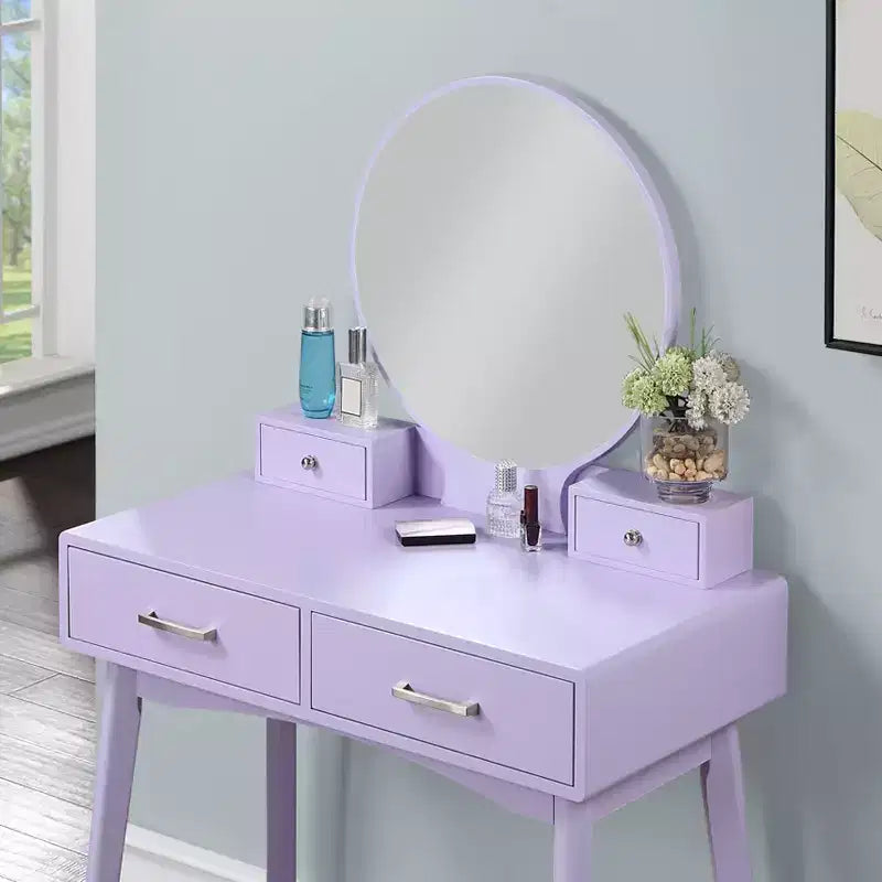 Moderna toeletta trucco con specchio rotondo, contenitori organizzati, sgabello abbinato per camera da letto, finitura viola, design salvaspazio