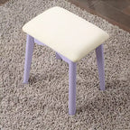 Moderna toeletta trucco con specchio rotondo, contenitori organizzati, sgabello abbinato per camera da letto, finitura viola, design salvaspazio