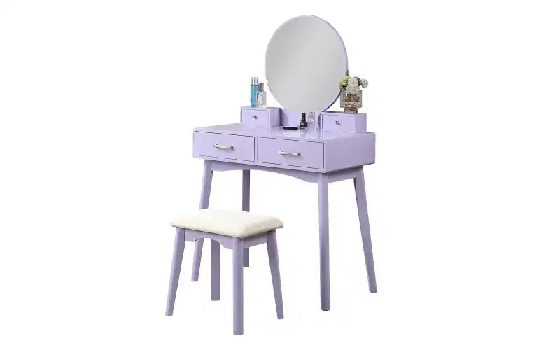 Moderna toeletta trucco con specchio rotondo, contenitori organizzati, sgabello abbinato per camera da letto, finitura viola, design salvaspazio