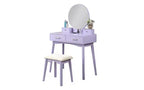 Moderna toeletta trucco con specchio rotondo, contenitori organizzati, sgabello abbinato per camera da letto, finitura viola, design salvaspazio