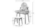 Moderna toeletta trucco con specchio rotondo, contenitori organizzati, sgabello abbinato per camera da letto, finitura viola, design salvaspazio