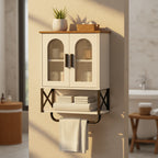 Dcolora Bathroom Wall Cabinet with Adjustable Shelf, Towel Bar, 2 Glass Doors