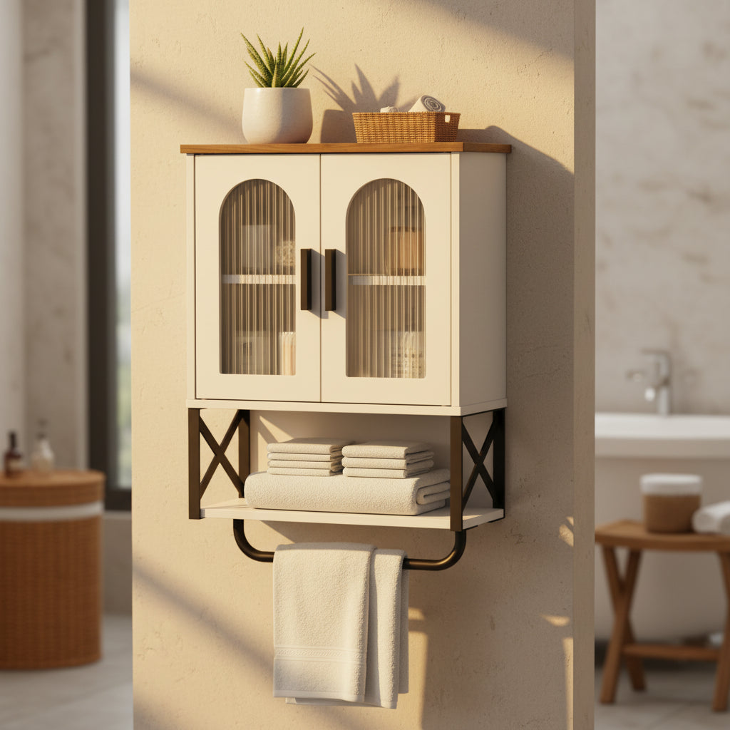 Dcolora Bathroom Wall Cabinet with Adjustable Shelf, Towel Bar, 2 Glass Doors