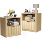 Fluted Design | 23 Inch Oak Bedside Table  Waterproof Wooden Modern Bedside Table with Drawer & Storage  Bedroom Furniture  Light Oak Color 2pcs