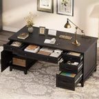 60 Executive Desk with Drawers, Home Office Desk with Charging Station, Wooden Computer Writing Desk for Study, Conference Table for Living Room