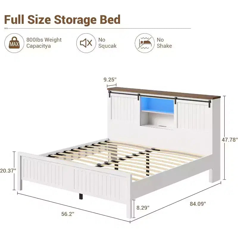 Struttura letto rustica con testiera libreria contenitore, luci LED, stazione di ricarica, 2 ante scorrevoli a battente, non necessita di rete, bianco+noce