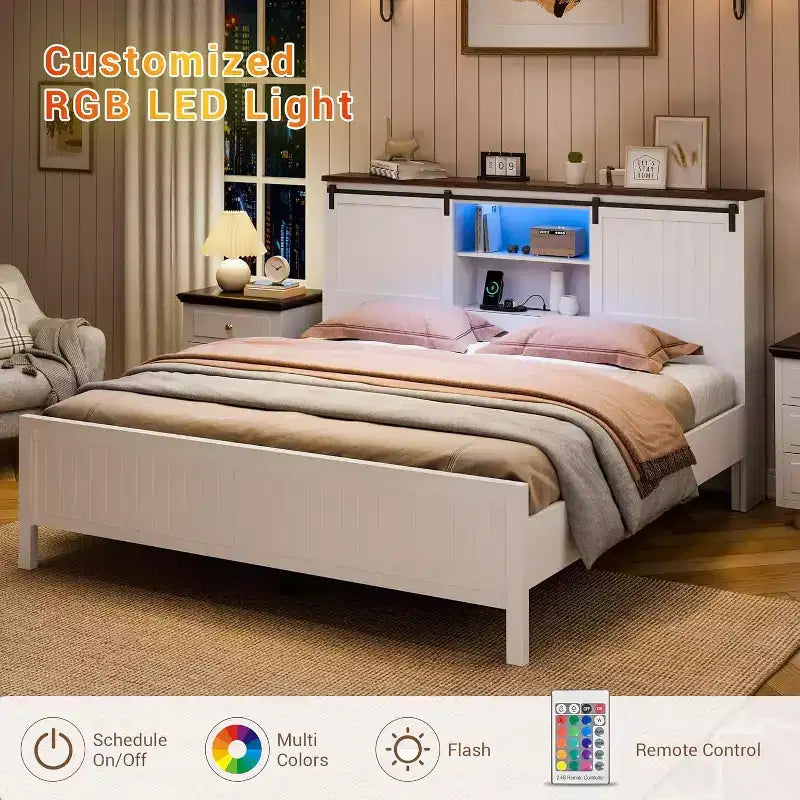 Struttura letto rustica con testiera libreria contenitore, luci LED, stazione di ricarica, 2 ante scorrevoli a battente, non necessita di rete, bianco+noce