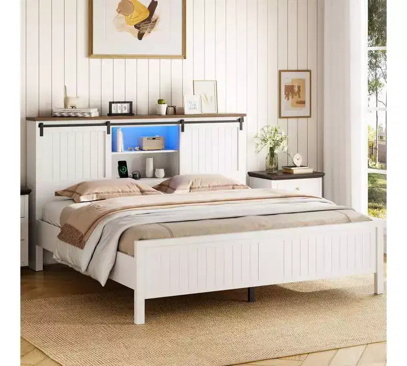 Struttura letto rustica con testiera libreria contenitore, luci LED, stazione di ricarica, 2 ante scorrevoli a battente, non necessita di rete, bianco+noce