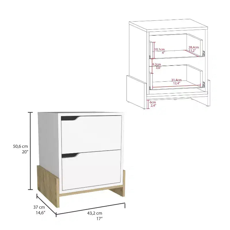 Comodino con 2 cassetti, stile contemporaneo con spazio intelligente, mobile salvaspazio