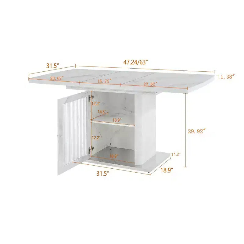 47.24-63 Tavolo da pranzo rettangolare moderno, allungabile, con piano stampato effetto marmo bianco + gamba con mobile contenitore e base in metallo