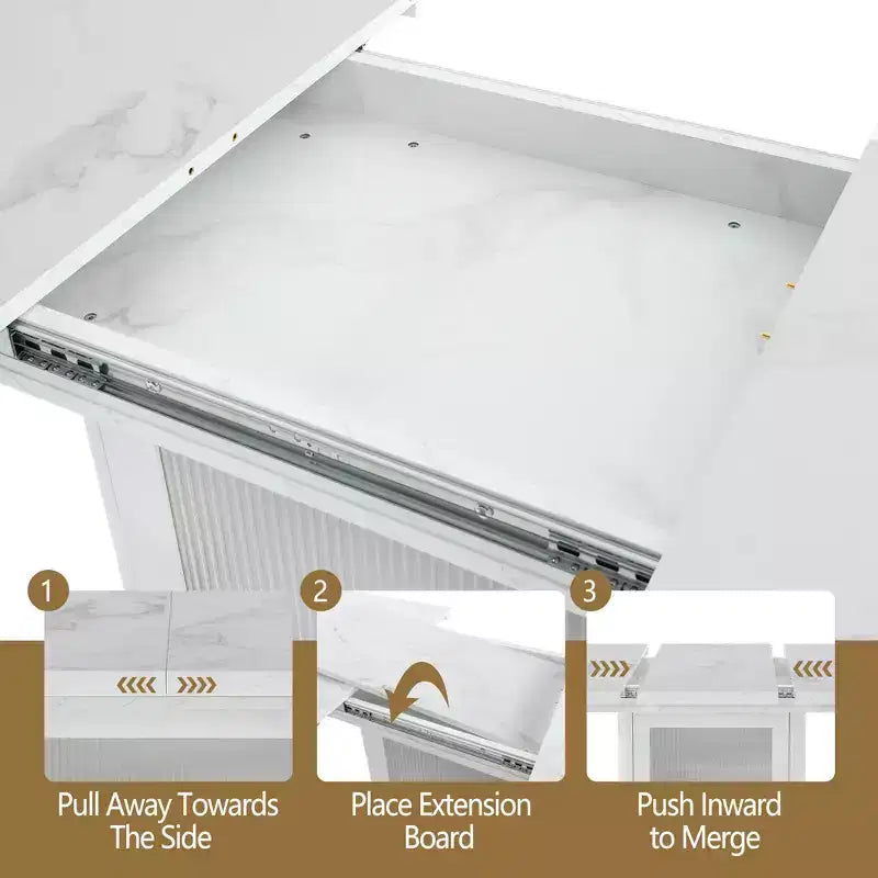 47.24-63 Tavolo da pranzo rettangolare moderno, allungabile, con piano stampato effetto marmo bianco + gamba con mobile contenitore e base in metallo