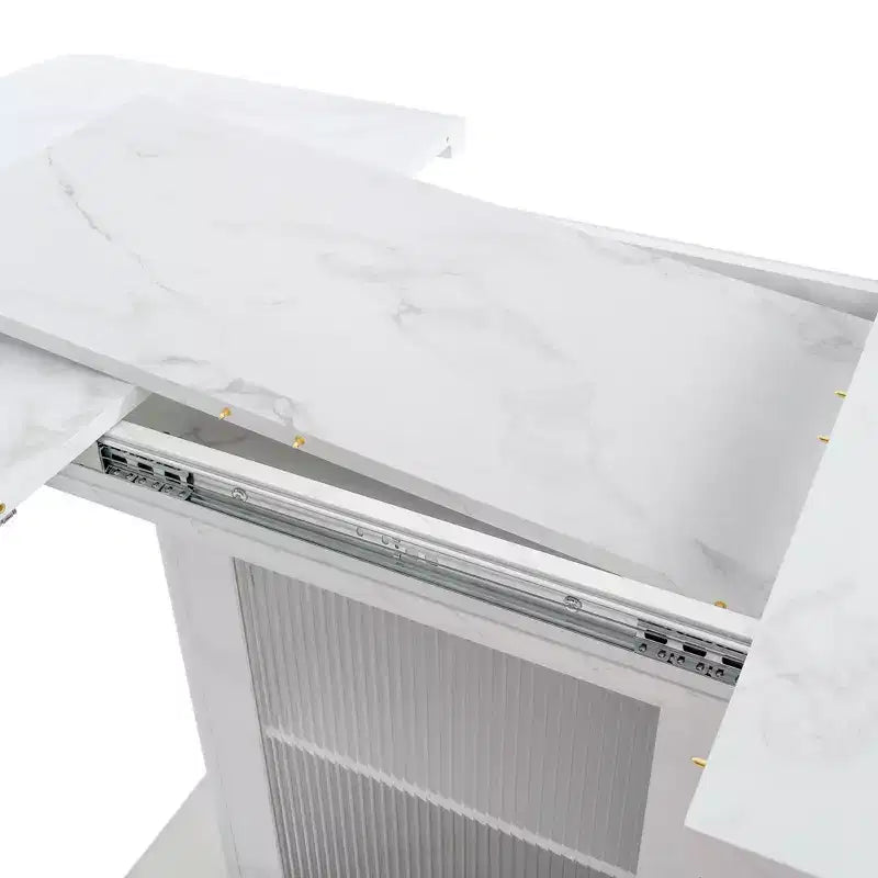47.24-63 Tavolo da pranzo rettangolare moderno, allungabile, con piano stampato effetto marmo bianco + gamba con mobile contenitore e base in metallo