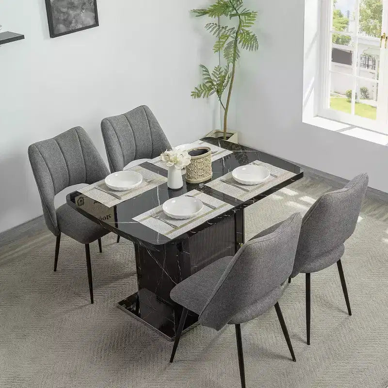 47.24-63 Tavolo da pranzo rettangolare moderno, allungabile, con piano stampato effetto marmo bianco + gamba con mobile contenitore e base in metallo