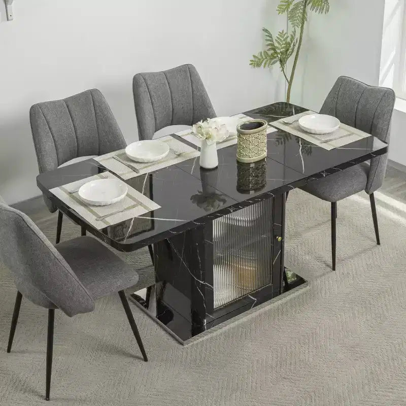 47.24-63 Tavolo da pranzo rettangolare moderno, allungabile, con piano stampato effetto marmo bianco + gamba con mobile contenitore e base in metallo