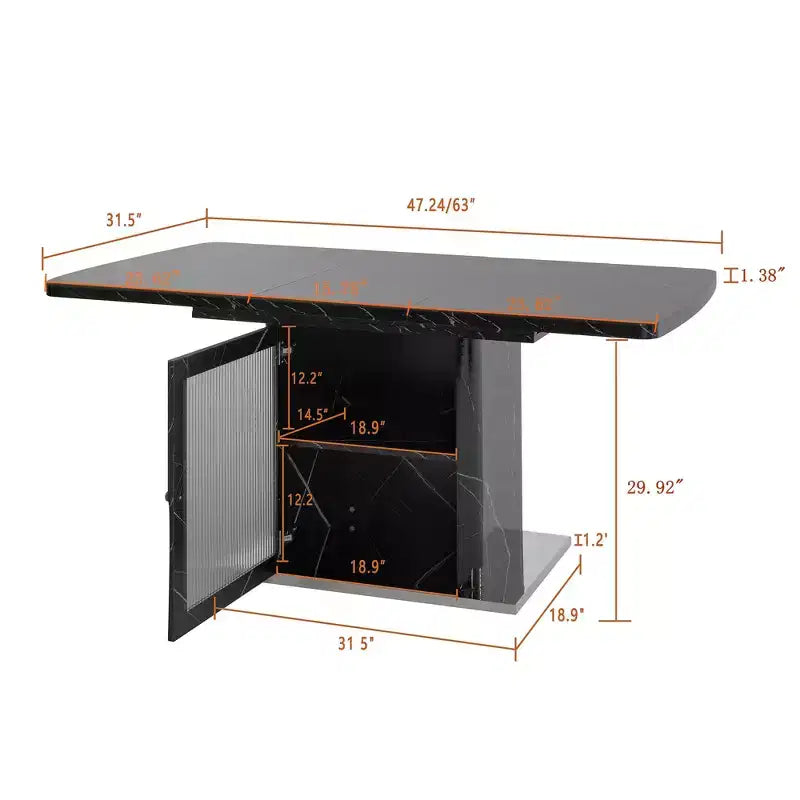 47.24-63 Tavolo da pranzo rettangolare moderno, allungabile, con piano stampato effetto marmo bianco + gamba con mobile contenitore e base in metallo