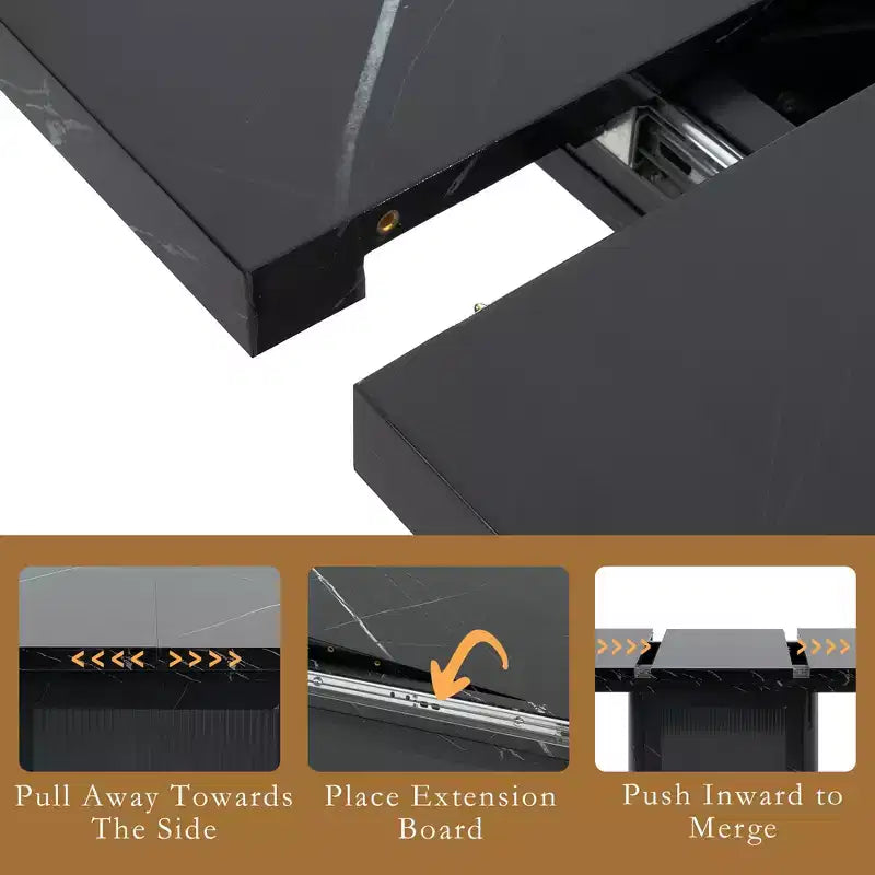 47.24-63 Tavolo da pranzo rettangolare moderno, allungabile, con piano stampato effetto marmo bianco + gamba con mobile contenitore e base in metallo