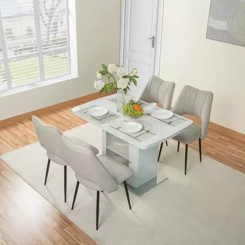 47.24-63 Tavolo da pranzo rettangolare moderno, allungabile, con piano stampato effetto marmo bianco + gamba con mobile contenitore e base in metallo