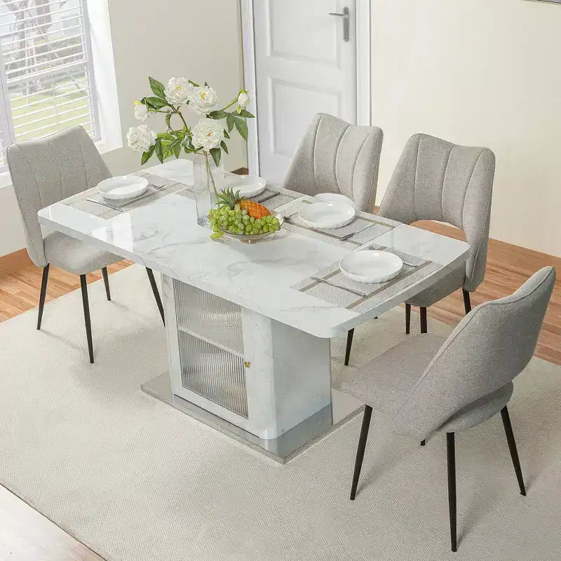 47.24-63 Tavolo da pranzo rettangolare moderno, allungabile, con piano stampato effetto marmo bianco + gamba con mobile contenitore e base in metallo