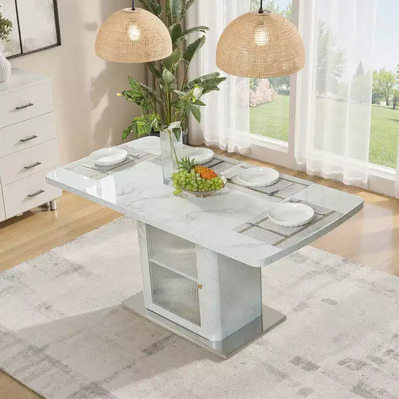 47.24-63 Tavolo da pranzo rettangolare moderno, allungabile, con piano stampato effetto marmo bianco + gamba con mobile contenitore e base in metallo