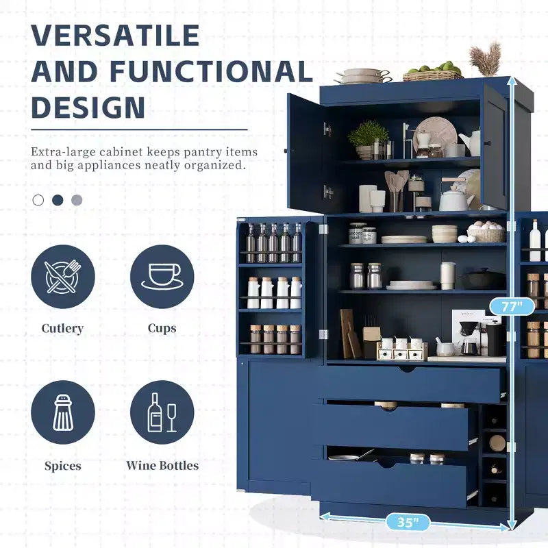 Dispensa da Cucina Autoportante da 77H, Mobile Contenitore Stile Rustico con Ripiani Regolabili, Ripiani sull'Anta, Cassetti e Portabottiglie