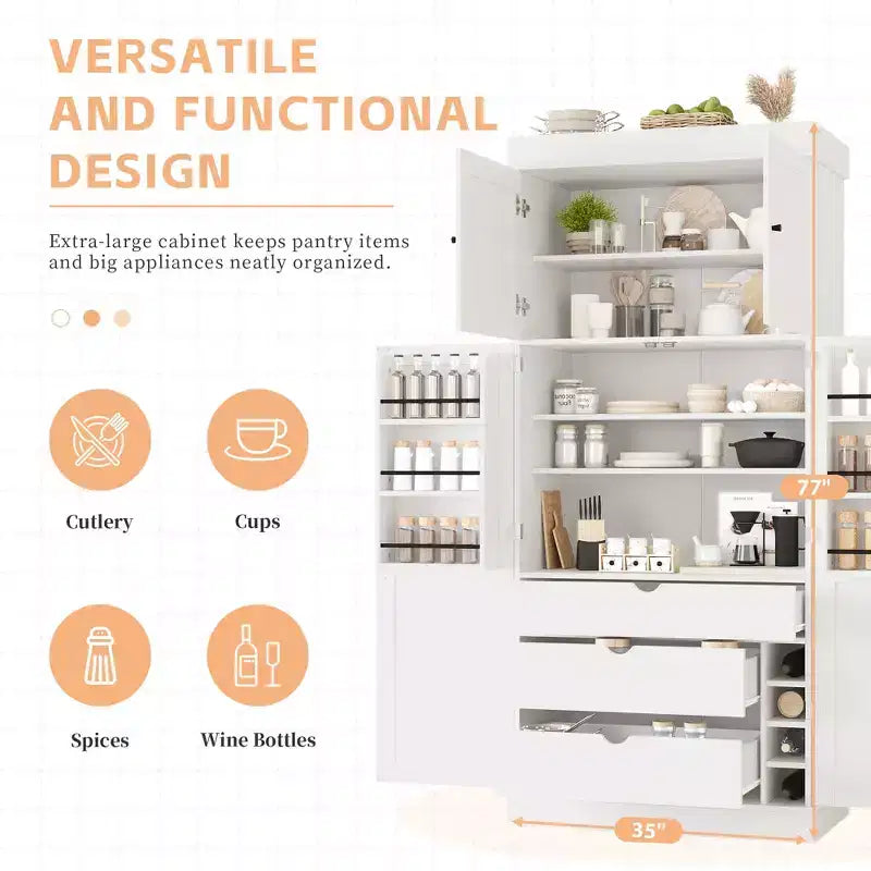 Dispensa da Cucina Autoportante da 77H, Mobile Contenitore Stile Rustico con Ripiani Regolabili, Ripiani sull'Anta, Cassetti e Portabottiglie