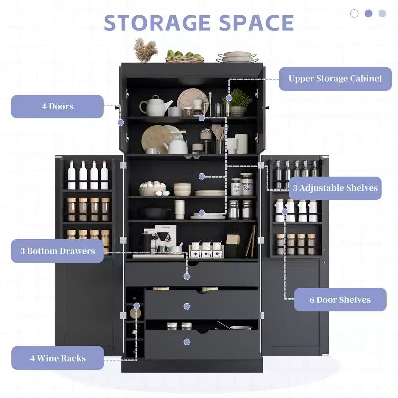 Dispensa da Cucina Autoportante da 77H, Mobile Contenitore Stile Rustico con Ripiani Regolabili, Ripiani sull'Anta, Cassetti e Portabottiglie