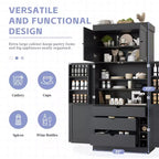 Dispensa da Cucina Autoportante da 77H, Mobile Contenitore Stile Rustico con Ripiani Regolabili, Ripiani sull'Anta, Cassetti e Portabottiglie