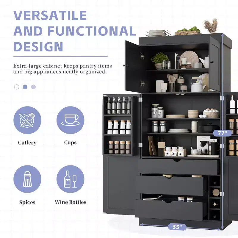 Dispensa da Cucina Autoportante da 77H, Mobile Contenitore Stile Rustico con Ripiani Regolabili, Ripiani sull'Anta, Cassetti e Portabottiglie
