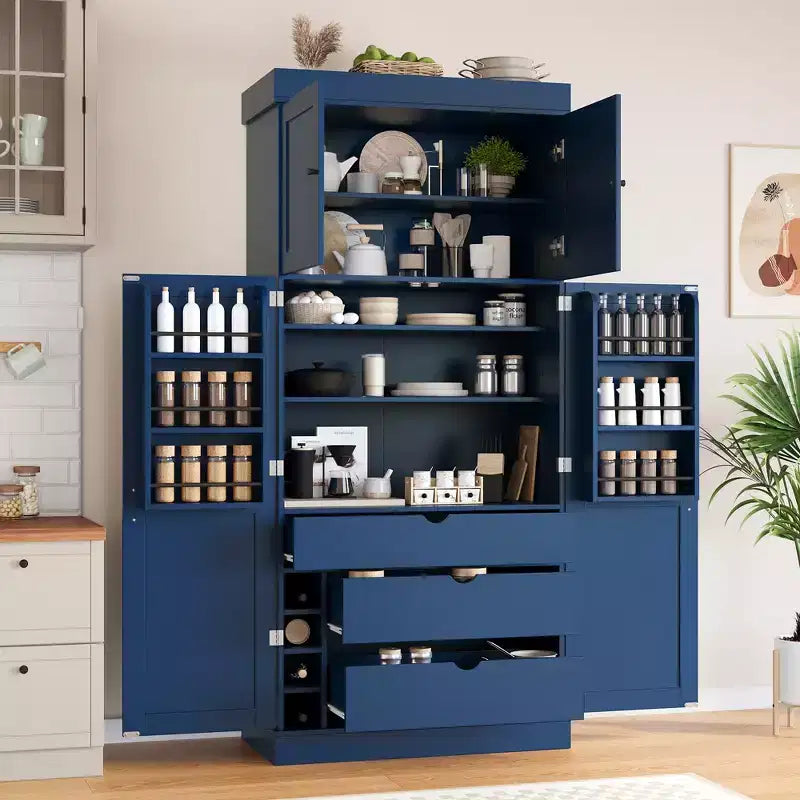Dispensa da Cucina Autoportante da 77H, Mobile Contenitore Stile Rustico con Ripiani Regolabili, Ripiani sull'Anta, Cassetti e Portabottiglie