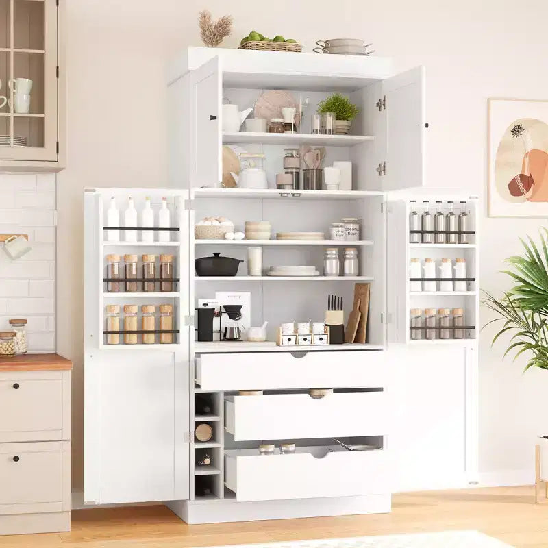 Dispensa da Cucina Autoportante da 77H, Mobile Contenitore Stile Rustico con Ripiani Regolabili, Ripiani sull'Anta, Cassetti e Portabottiglie