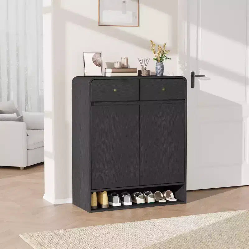 31.5 Inch Shoe Storage Cabinet with 2 Doors and 2 Drawers, Adjustable Shelves, Freestanding Wooden Organizer for Entryway, Hallway