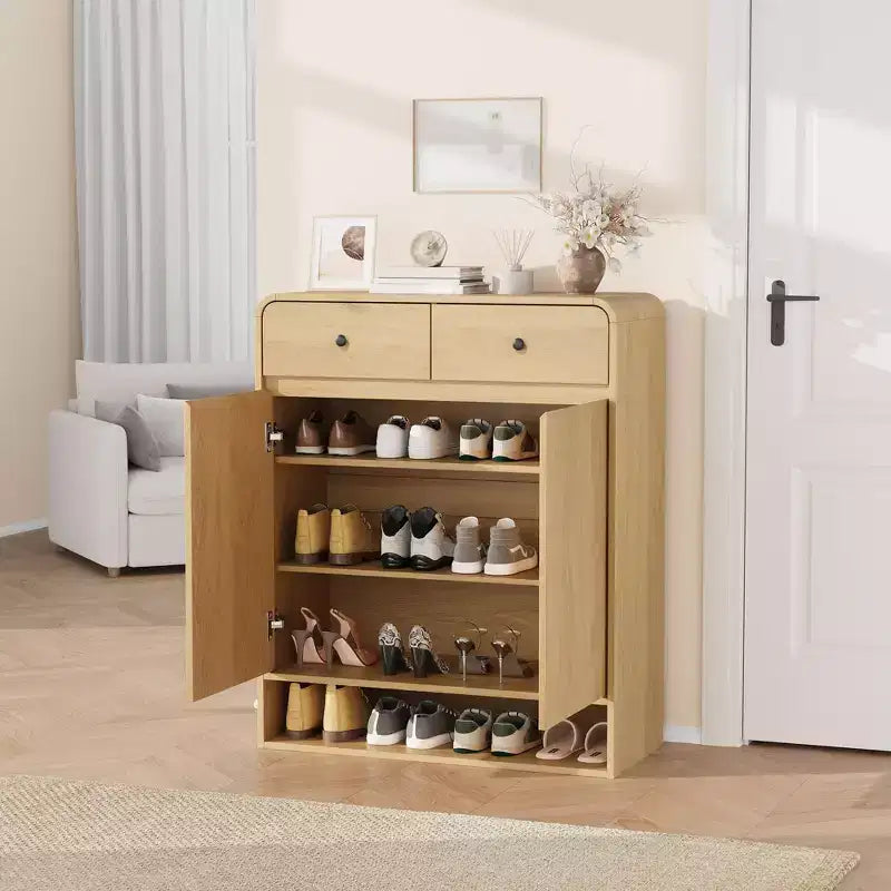 31.5 Inch Shoe Storage Cabinet with 2 Doors and 2 Drawers, Adjustable Shelves, Freestanding Wooden Organizer for Entryway, Hallway