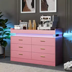 Comò a 6 cassetti, cassettiera per armadio con luci LED fluttuanti e stazione di ricarica, mobiletto a cassetti per camera da letto, soggiorno, 120 cm di larghezza, rosa