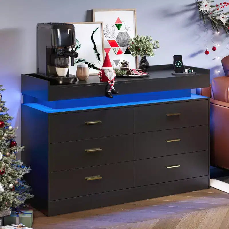 Comò a 6 cassetti, cassettiera per armadio con luci LED fluttuanti e stazione di ricarica, mobiletto a cassetti per camera da letto, soggiorno, 120 cm di larghezza, rosa