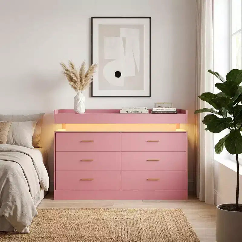 6 Drawer Dresser, Chest of Drawers for Closet with Floating LED Lights & Charging Station, Drawer Cabinet for Bedroom, Living Room, 47.24w Pink