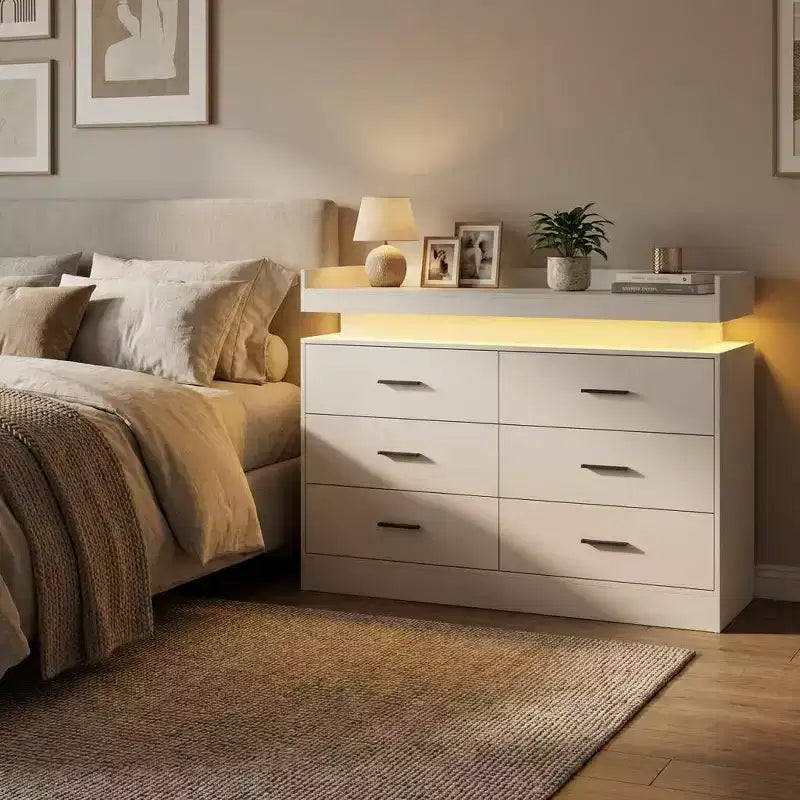 6 Drawer Dresser, Chest of Drawers for Closet with Floating LED Lights & Charging Station, Drawer Cabinet for Bedroom, Living Room, 47.24w Pink