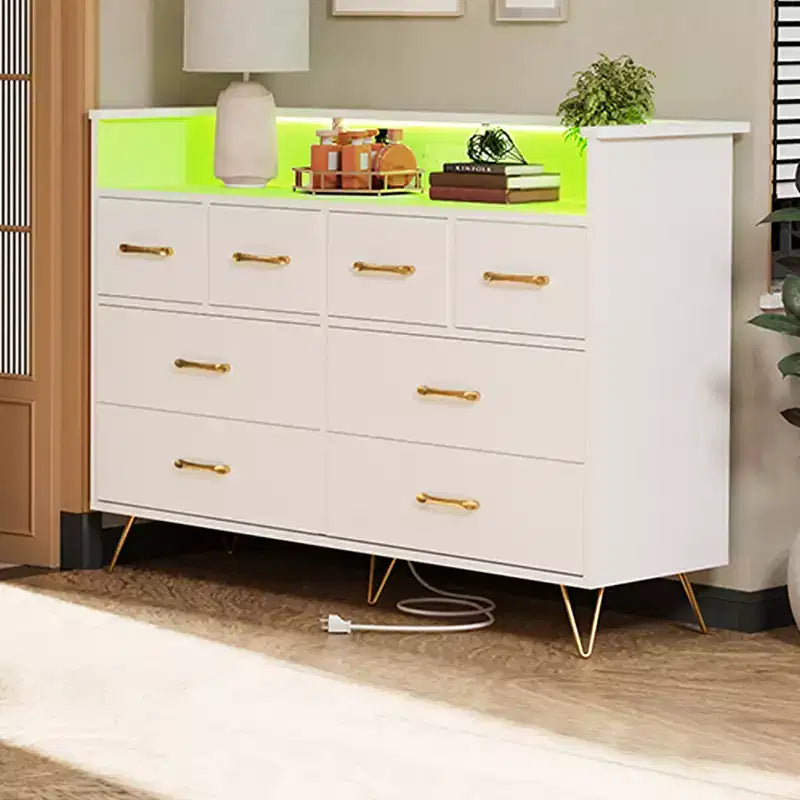 Comodino moderno a 8 cassetti con luci a LED e stazione di ricarica, organizer in legno con ripiano aperto per camera da letto, soggiorno, ingresso