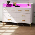Comodino moderno a 8 cassetti con luci a LED e stazione di ricarica, organizer in legno con ripiano aperto per camera da letto, soggiorno, ingresso