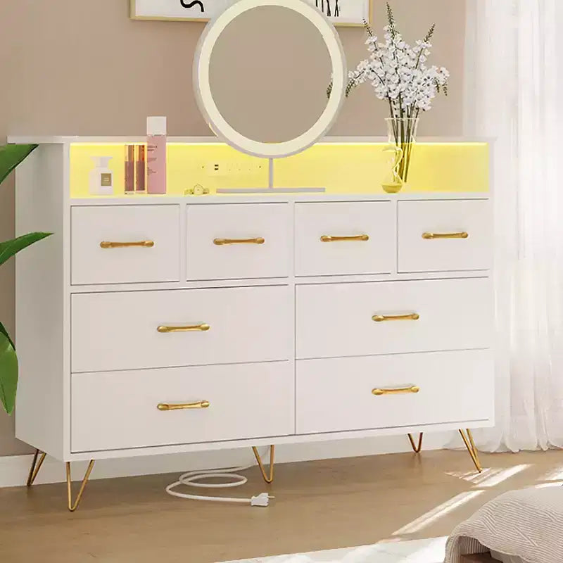 Comodino moderno a 8 cassetti con luci a LED e stazione di ricarica, organizer in legno con ripiano aperto per camera da letto, soggiorno, ingresso