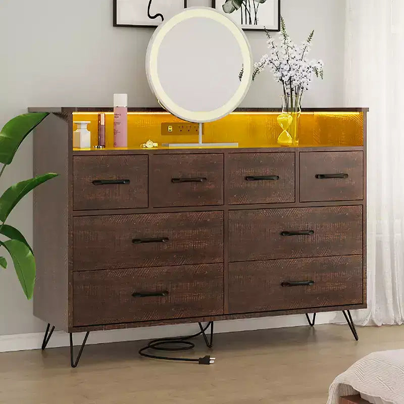 Comodino moderno a 8 cassetti con luci a LED e stazione di ricarica, organizer in legno con ripiano aperto per camera da letto, soggiorno, ingresso