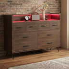 Modern 8-Drawer Storage Cabinet with LED Lights & Charging Station, Wooden Organizer with Open Shelf for Bedroom, Living Room, Entryway