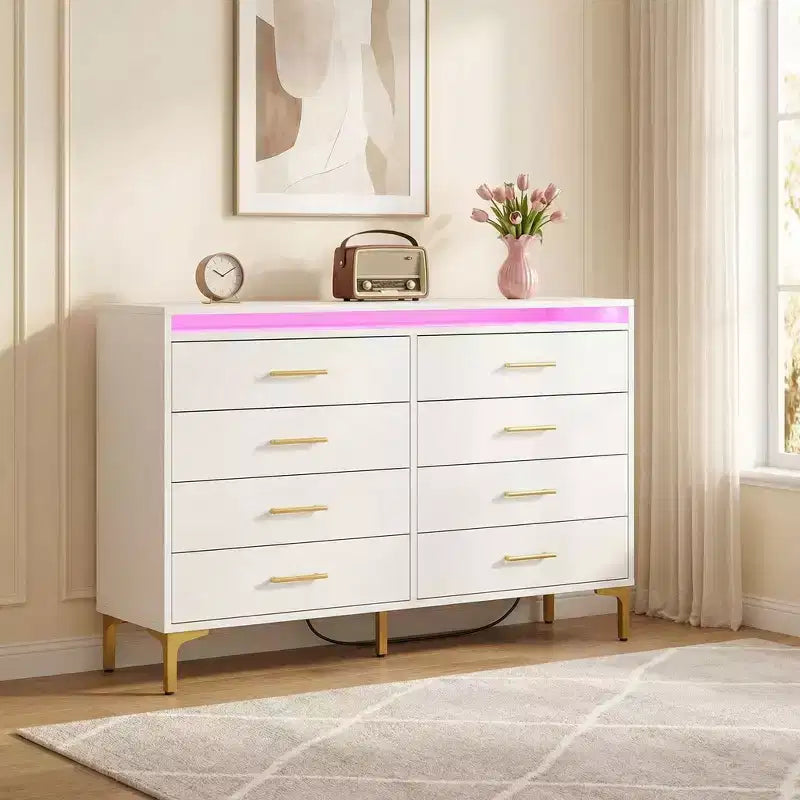 Modern 8-Drawer Storage Cabinet with LED Lights & Charging Station, Wooden Organizer with Open Shelf for Bedroom, Living Room, Entryway