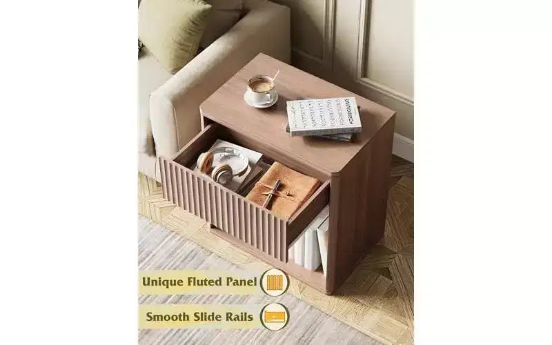 Comodino, Comodino in Legno con Cassetto e Ripiano Aperto, Comodino Scanalato per Camera da Leto, Comodino di Metà Secolo