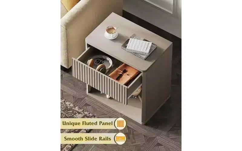 Comodino, Comodino in Legno con Cassetto e Ripiano Aperto, Comodino Scanalato per Camera da Leto, Comodino di Metà Secolo