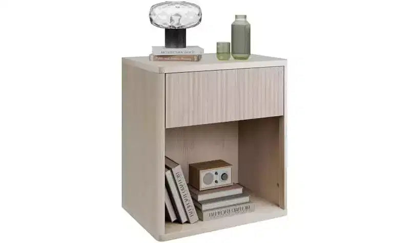 Comodino, Comodino in Legno con Cassetto e Ripiano Aperto, Comodino Scanalato per Camera da Leto, Comodino di Metà Secolo
