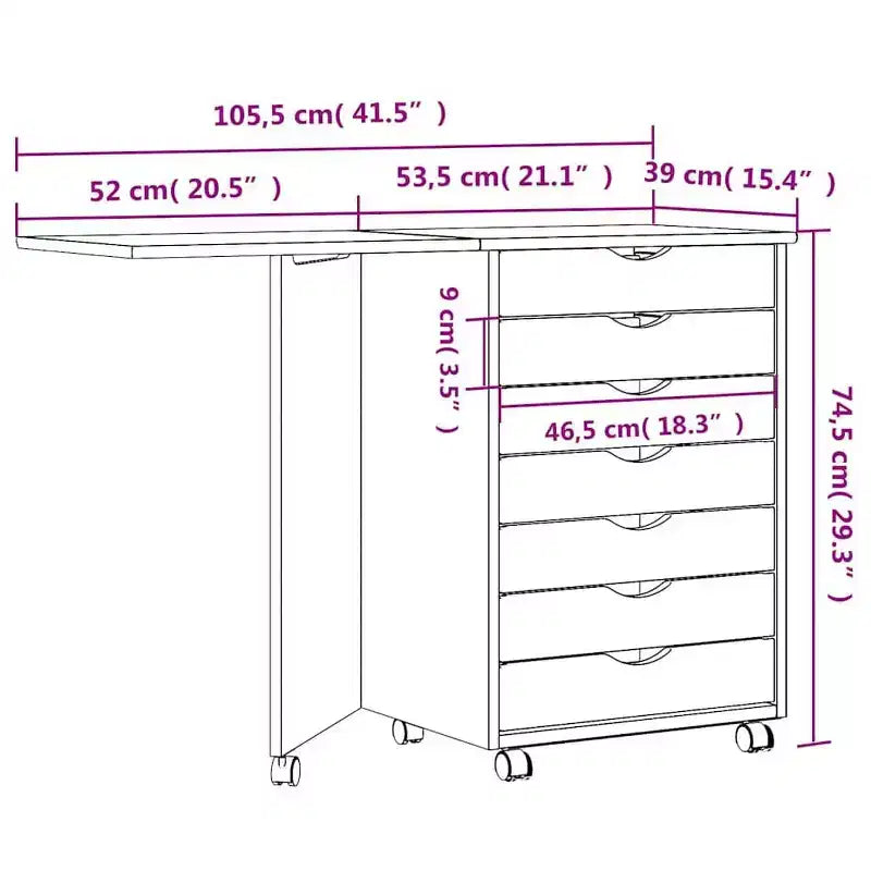 Mobiletto con ruote Bianco Legno massello di pino, Legno multistrato, Plastica