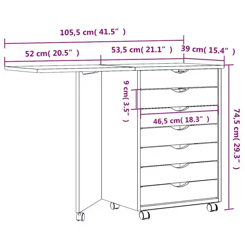 Mobiletto con ruote Bianco Legno massello di pino, Legno multistrato, Plastica