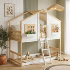 Twin Over Twin Playhouse Bunk Bed with Windows & Doors, White Wood House Bed with Safety Ladder & Guardrails