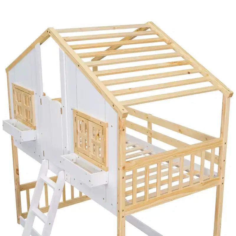 Letto a Castello con Struttura a Casetta, con Finestre e Porte, in Legno Bianco, con Scaletta di Sicurezza e Sponde Protettive