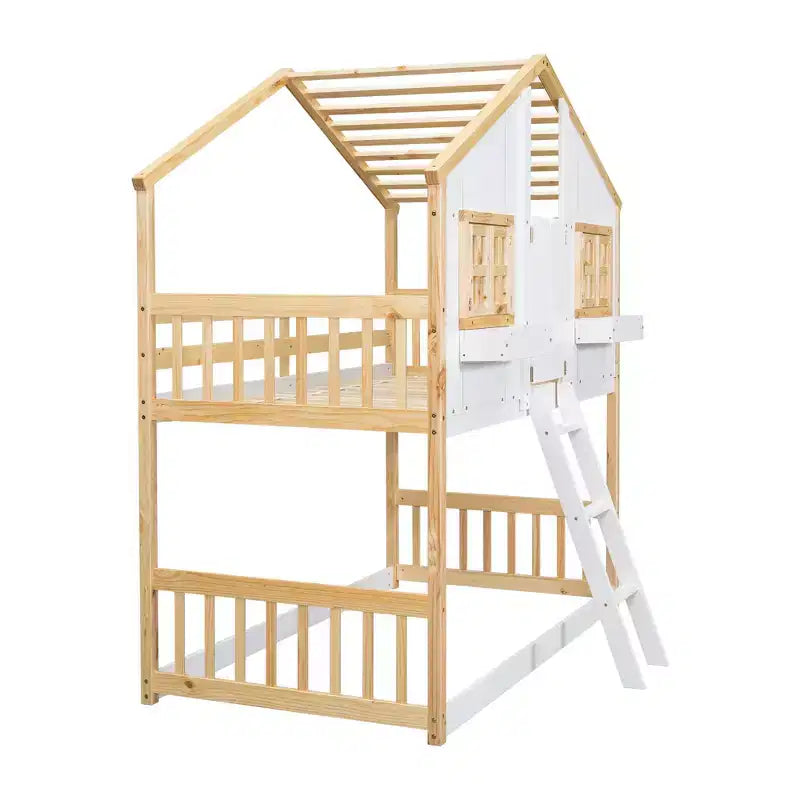 Letto a Castello con Struttura a Casetta, con Finestre e Porte, in Legno Bianco, con Scaletta di Sicurezza e Sponde Protettive